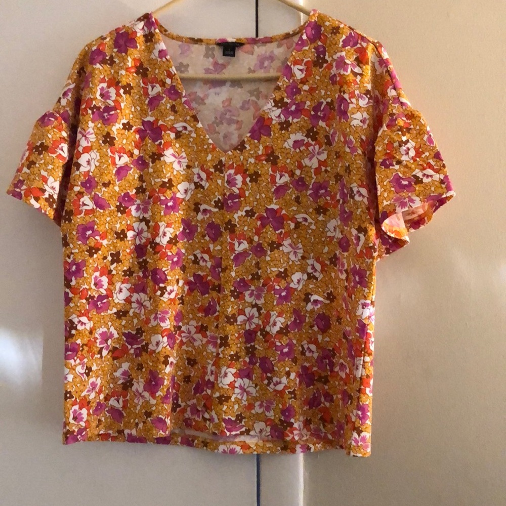 Ann Taylor Floral Short Sleeve Top - Orange and Pink